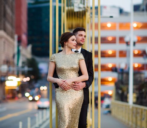 Fancy Downtown Pittsburgh Engagement Session. For more engagement photo ideas, visit burghbrides.com!