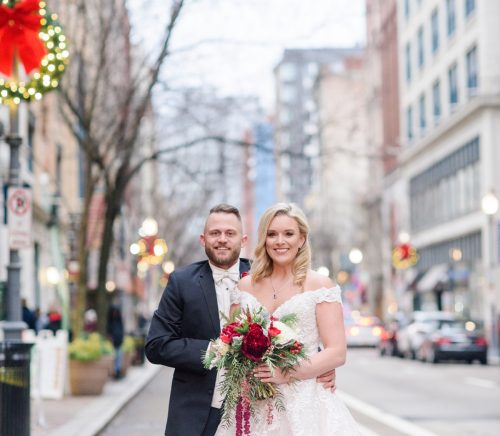 Festive Holiday Omni William Penn Hotel Wedding. For more Christmas wedding ideas, visit burghbrides.com!