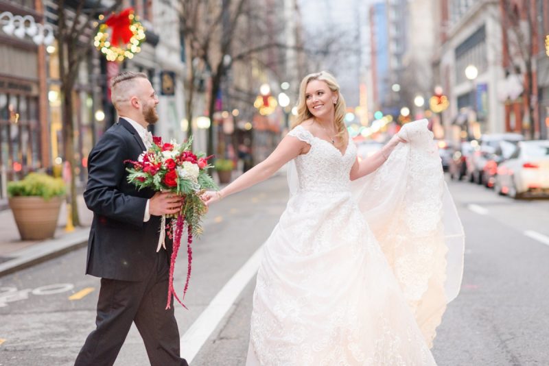 Festive Holiday Omni William Penn Hotel Wedding. For more Christmas wedding ideas, visit burghbrides.com!