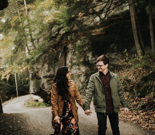 Earthy Engagement Session at McConnells Mill. For more fall engagement photo ideas, visit burghbrides.com!