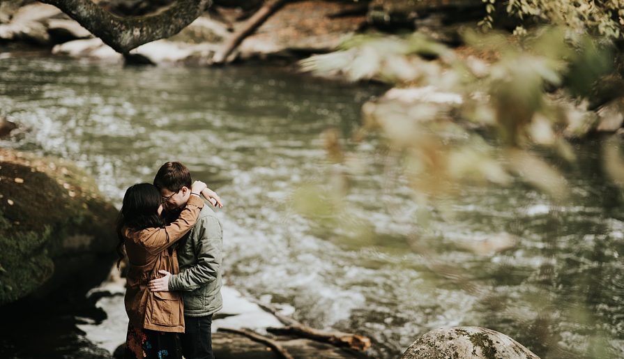 Earthy Engagement Session at McConnells Mill. For more fall engagement photo ideas, visit burghbrides.com!