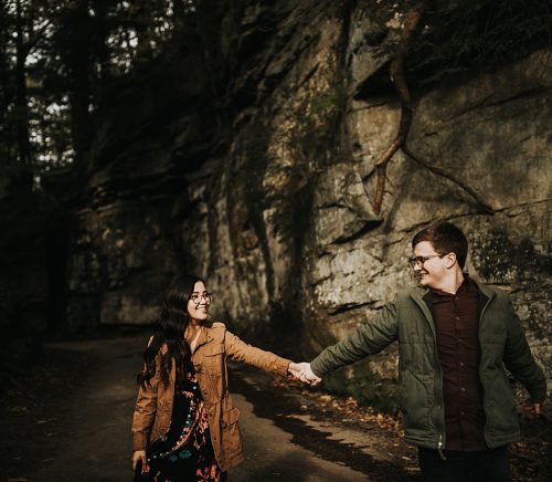 Earthy Engagement Session at McConnells Mill. For more fall engagement photo ideas, visit burghbrides.com!