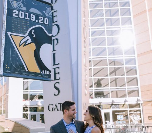 Laid Back Downtown & PPG Paints Arena Engagement Session. For more Pittsburgh engagement ideas, visit burghbrides.com!